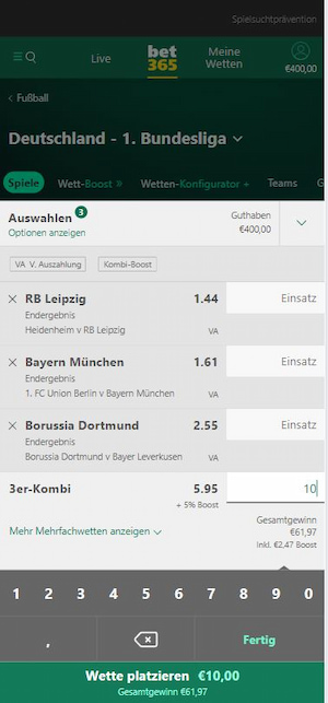 Kombiwette mit Boost bei bet365
