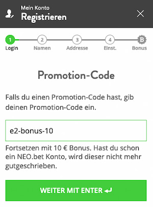 Registrierung mit NEO.bet Promocode Eingabe