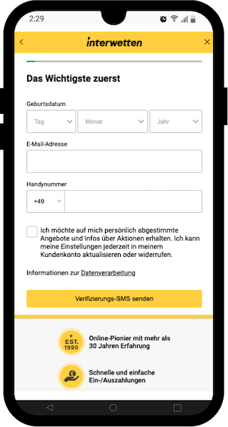 Geb Datum, Email Adresse und Handynummer werden beim 2. Schritt abgefragt